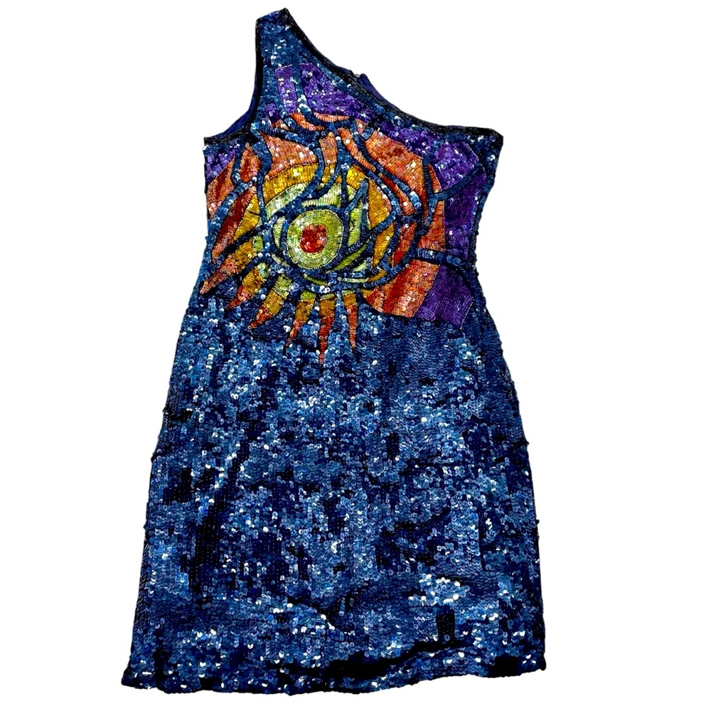 MODI Vintage Silk Sequin Beaded One Strap Mini Dress Ibiza Party Glam Aesthetic